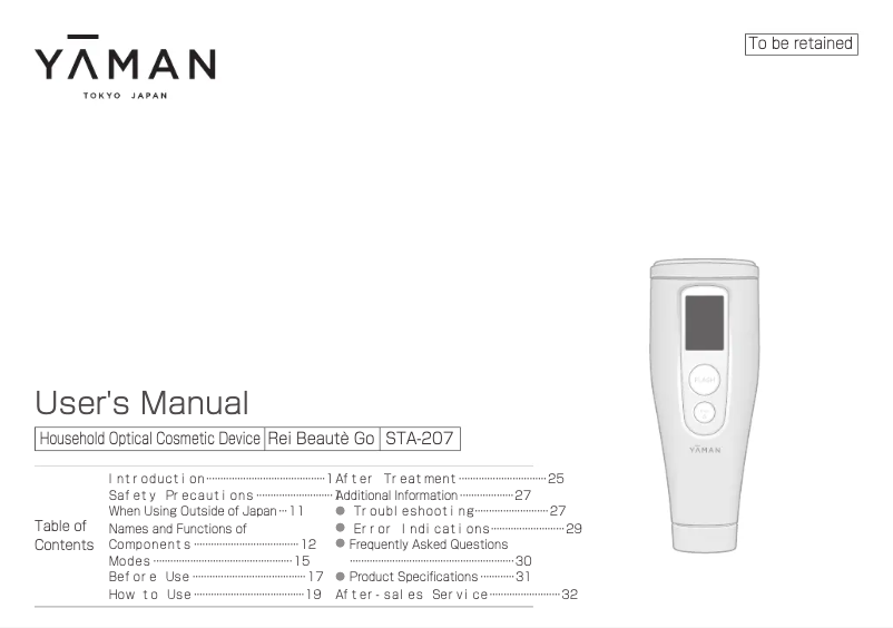 Page 1 de la notice Manuel utilisateur YA-MAN Rei Béaute Go