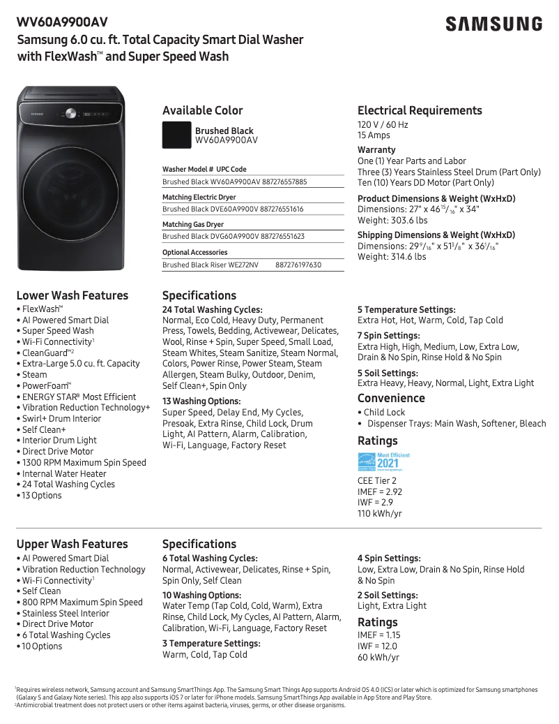 Page 1 de la notice Fiche technique Samsung WV60A9900AV