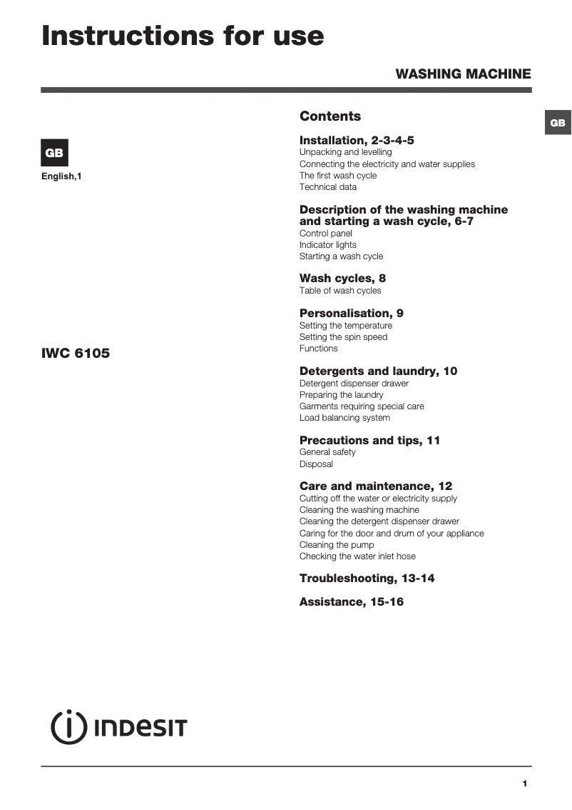 Page 1 de la notice Manuel utilisateur Indesit IWC 6105 S