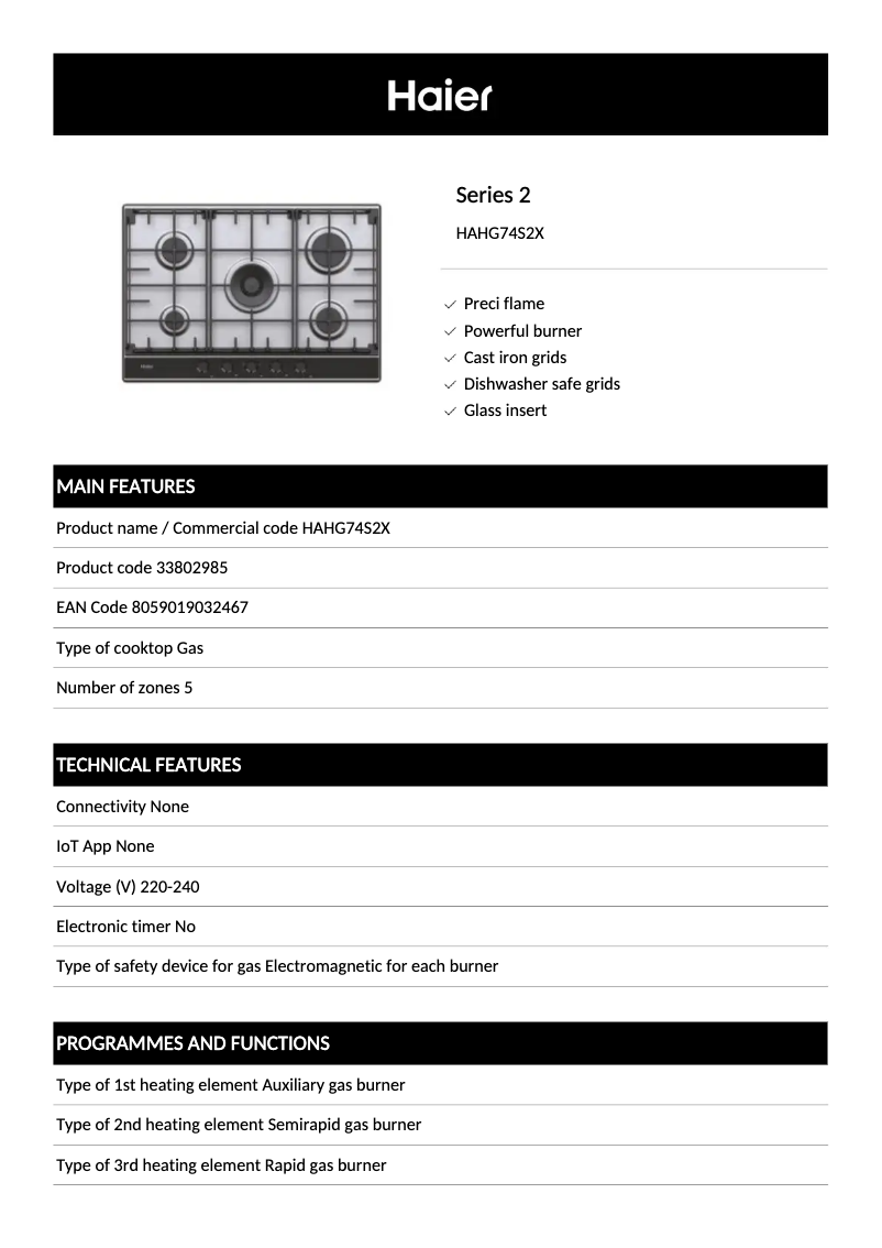 Page n°1 - Fiche technique Haier HAHG74S2X