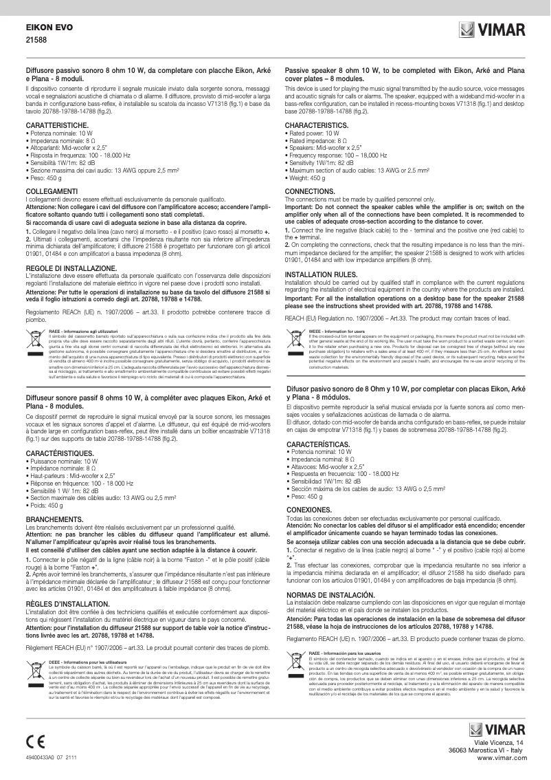 Page 1 de la notice Manuel utilisateur Vimar 21588