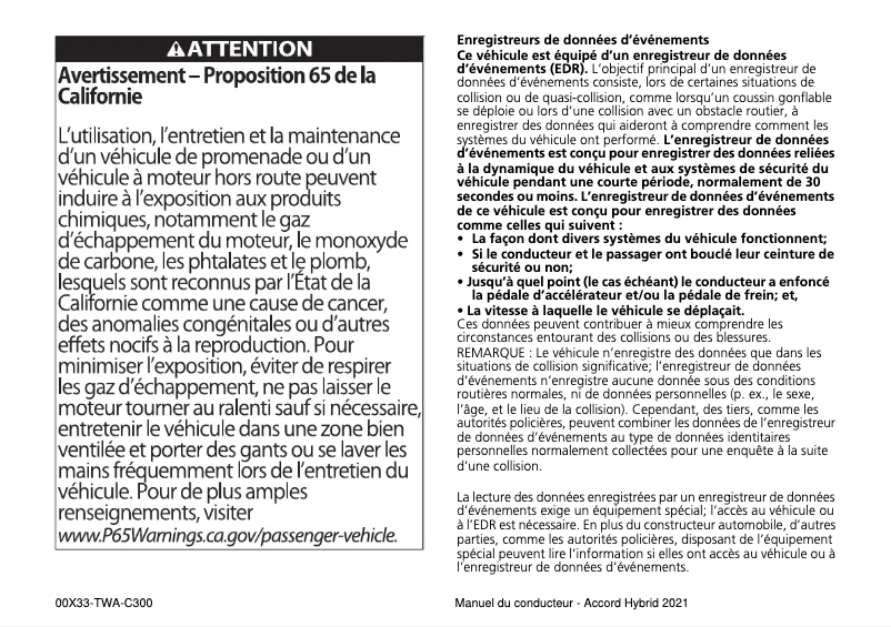 Page 1 de la notice Manuel utilisateur Honda Accord Hybrid (2021)