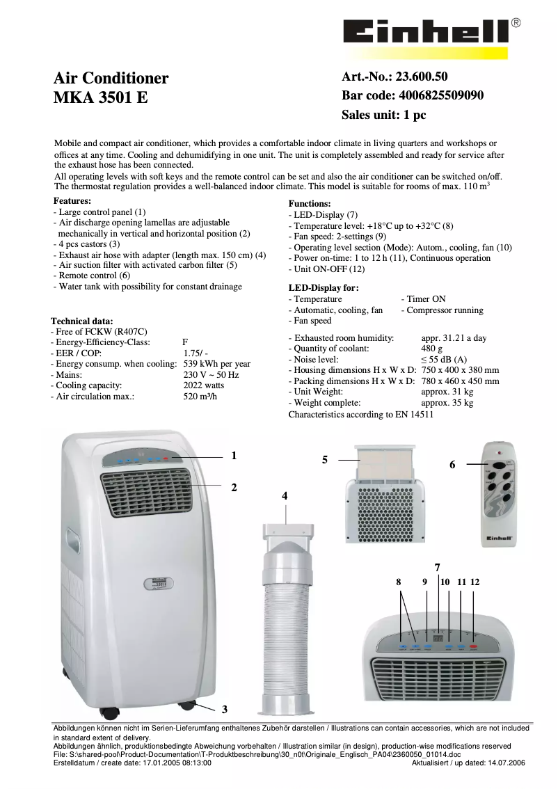 Page 1 de la notice Fiche technique Einhell MKA 3501 E