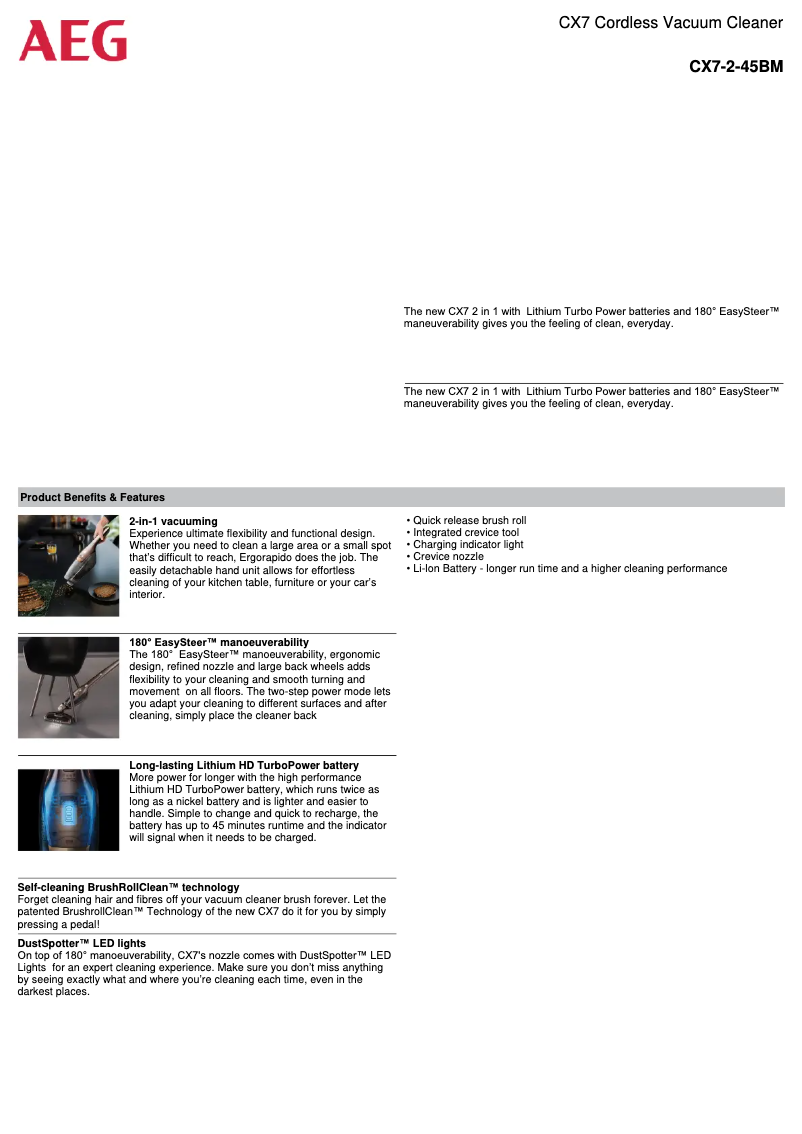 Page 1 de la notice Fiche technique AEG CX7