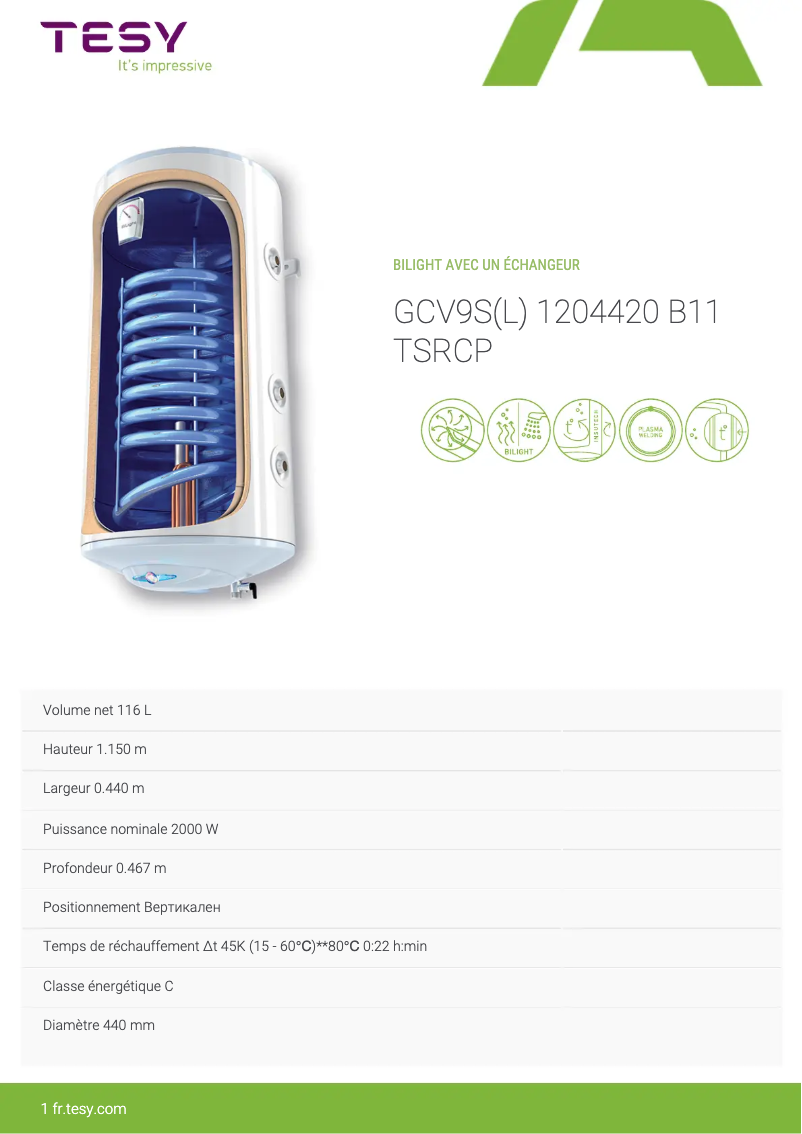 Page 1 de la notice Fiche technique Tesy BiLight 120 S