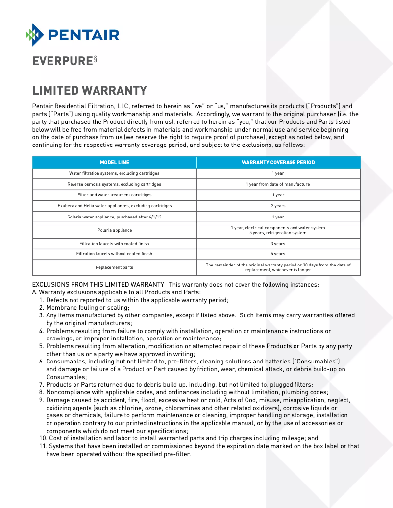 Page n°1 - Informations de garantie Everpure H-54