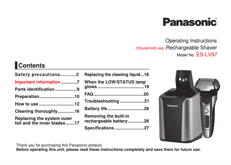 Page 1 de la notice Manuel utilisateur Panasonic ES‑LV97