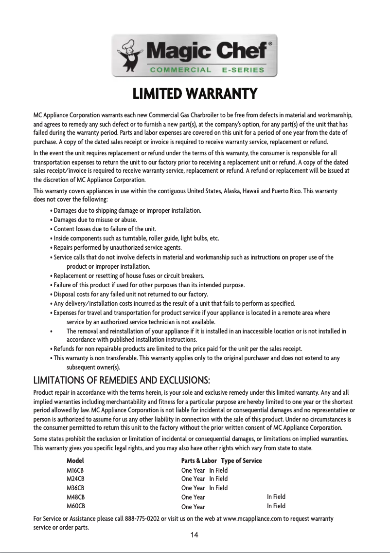 Página 1 del manual Información de garantía Magic Chef M24CB