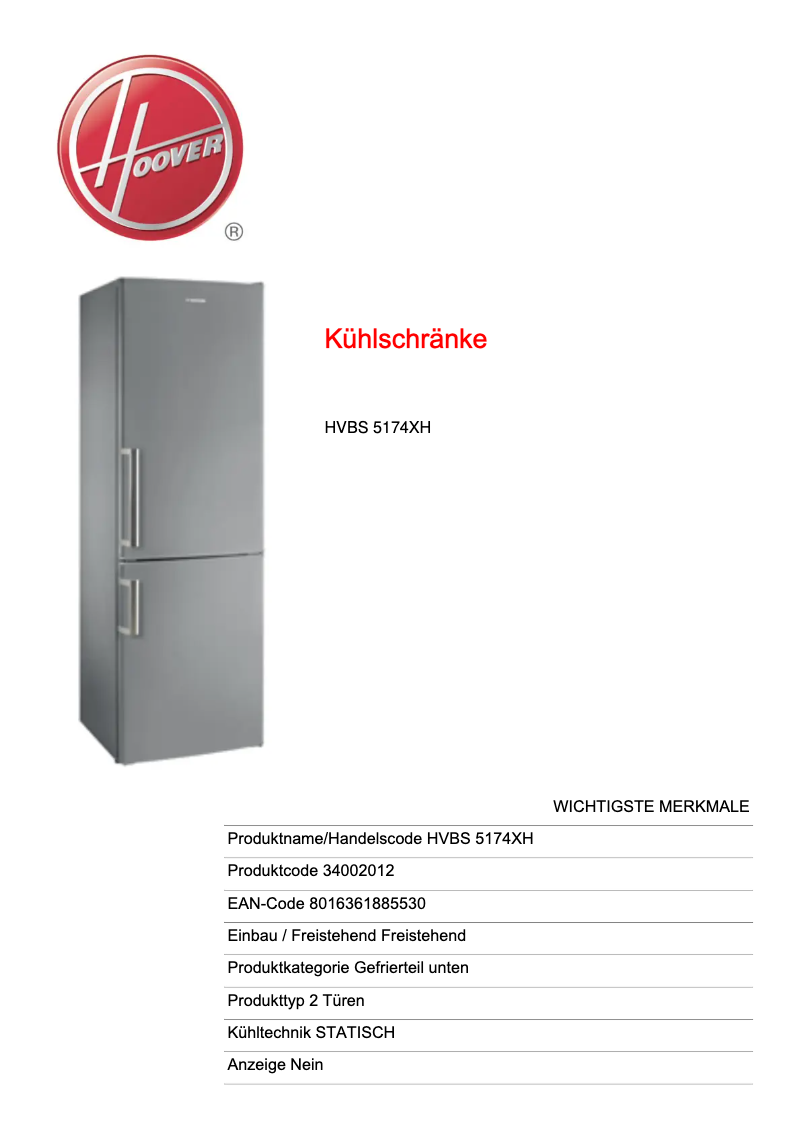 Page n°1 - Fiche technique Hoover Vision HVBS 5174XH