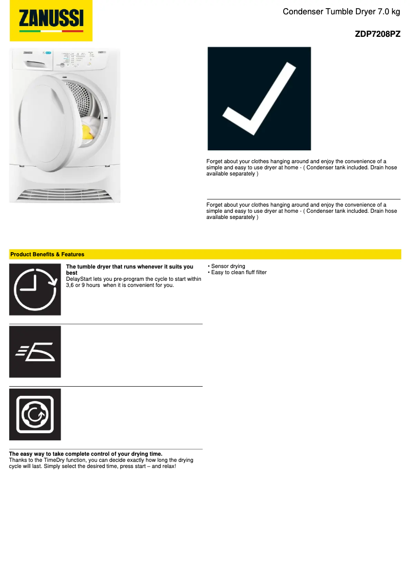 Page 1 de la notice Fiche technique Zanussi ZDP7208PZ