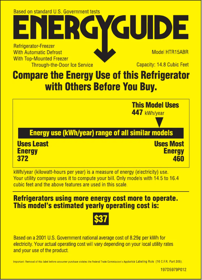 Page 1 de la notice Label énergétique Hotpoint HTR15ABRLWW