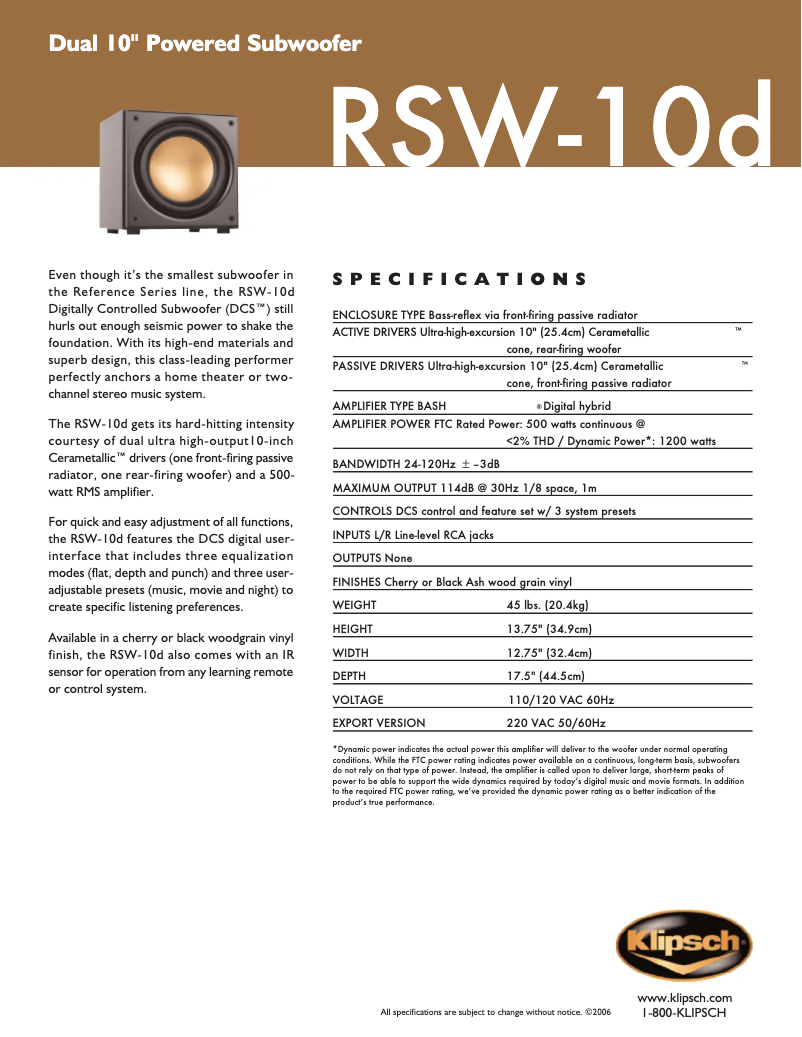 Page 1 de la notice Fiche technique Klipsch RSW-10D
