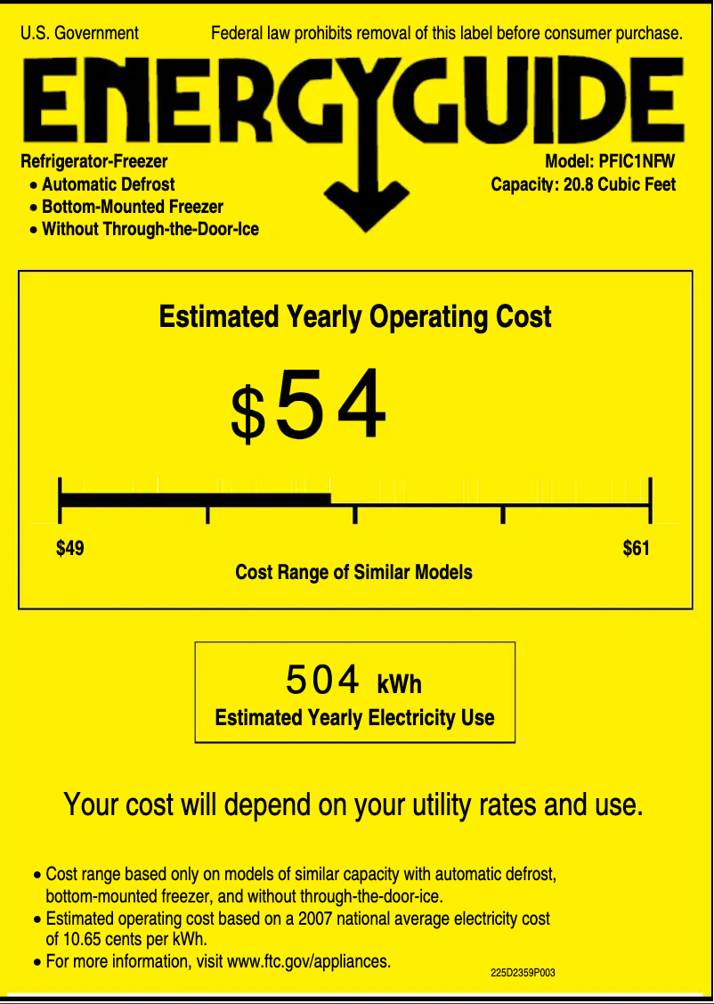 Page 1 de la notice Label énergétique GE PFIC1NFWBV