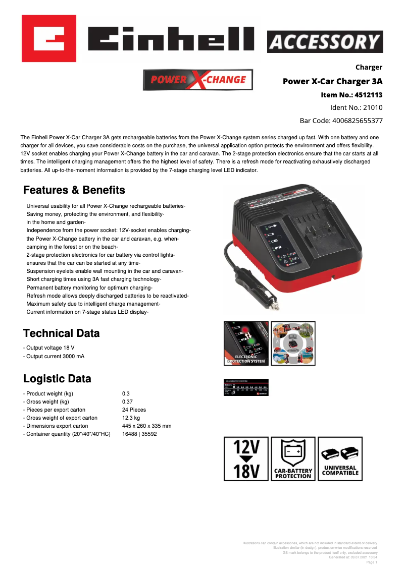 Page n°1 - Fiche technique Einhell Power X-Car Charger 3A
