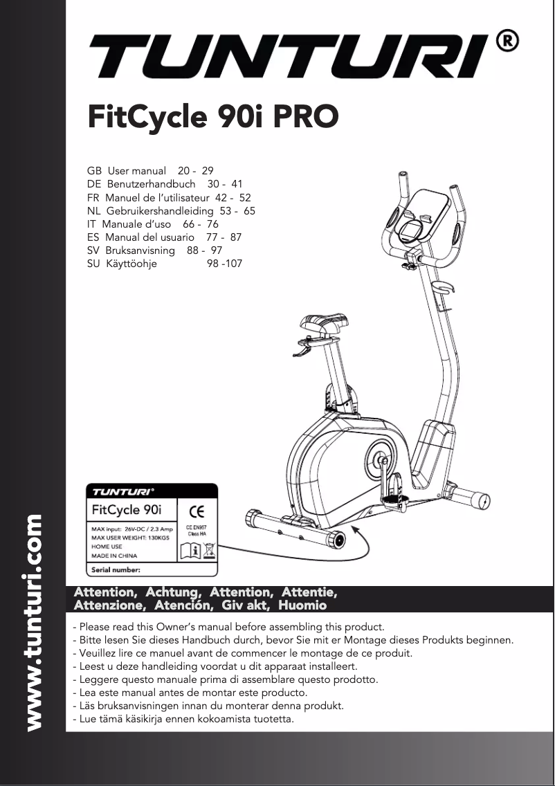 Page n°1 - Manuel utilisateur Tunturi FitCycle 90i Pro