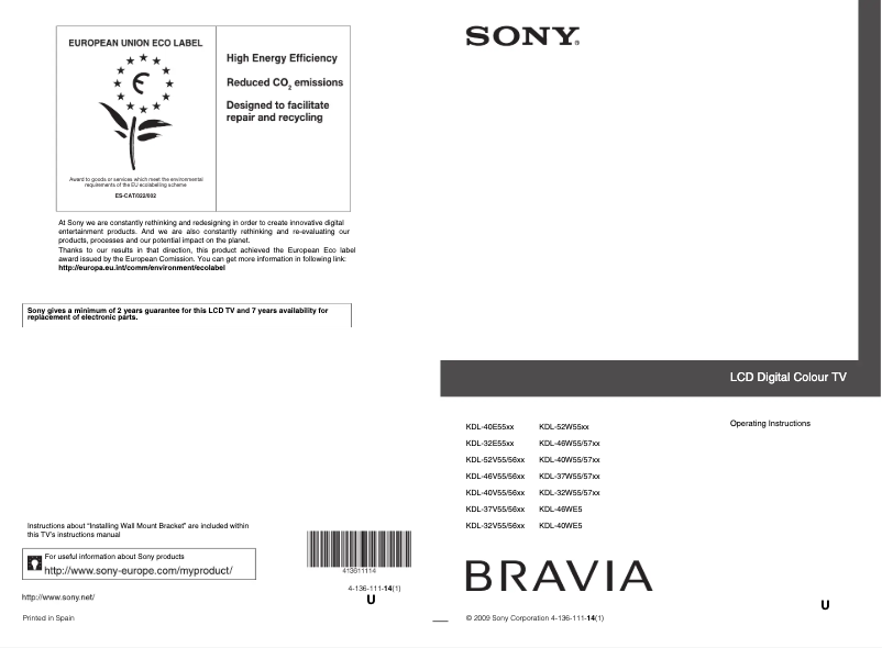 Page 1 de la notice Manuel utilisateur Sony KDL-52V5610