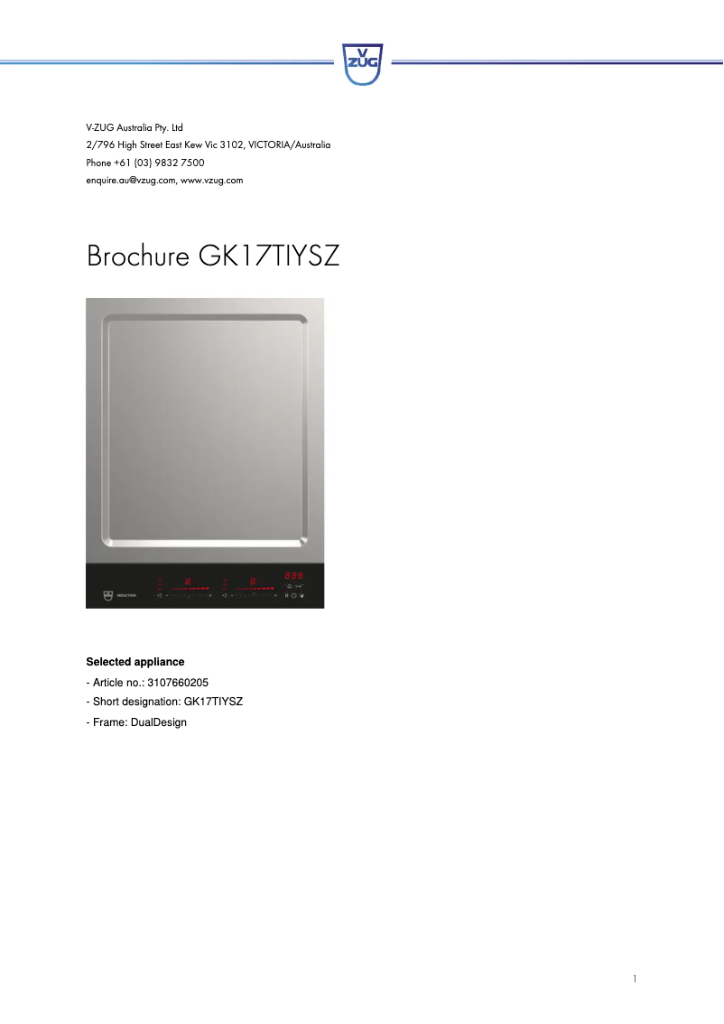 Página 1 del manual Ficha técnica V-Zug GK17TIYSZ