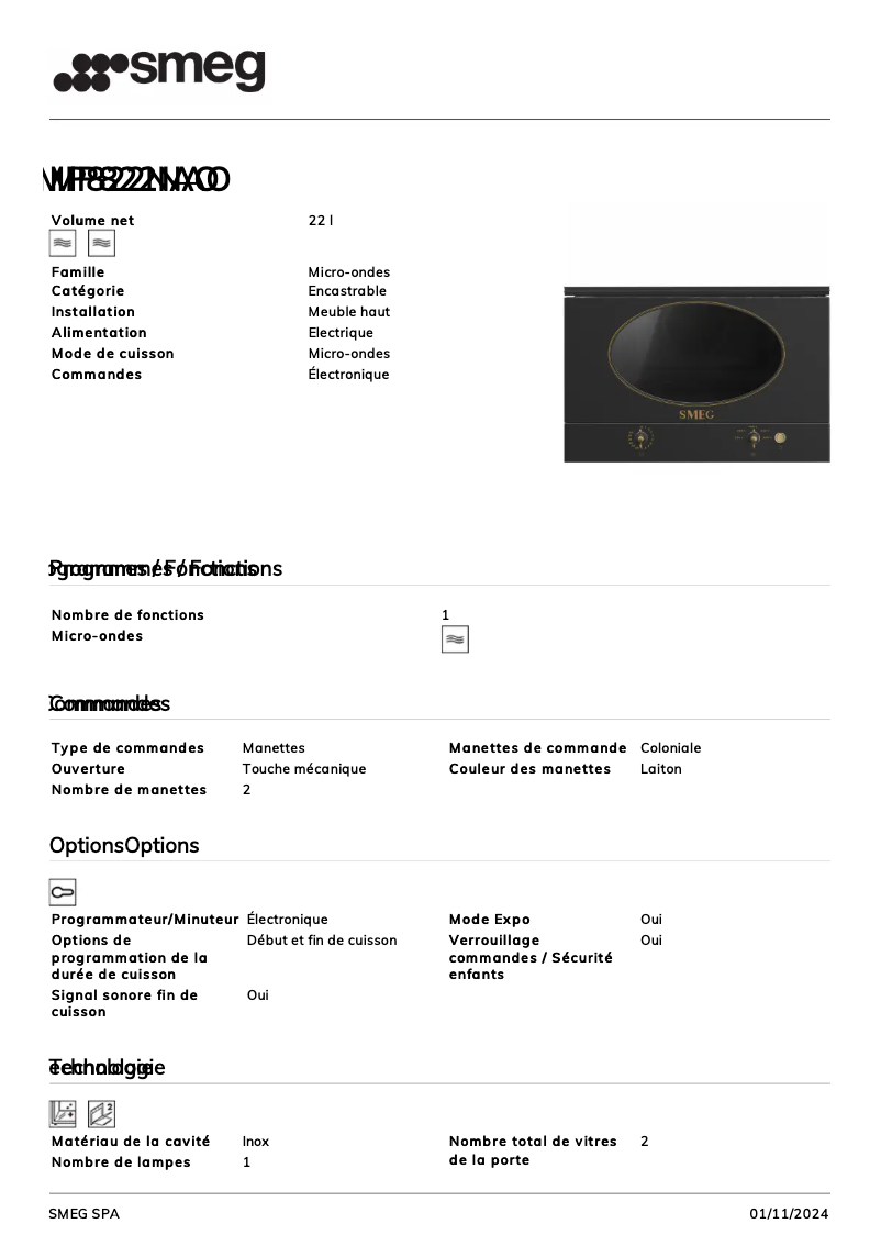 Page 1 de la notice Fiche technique Smeg MP822NAO