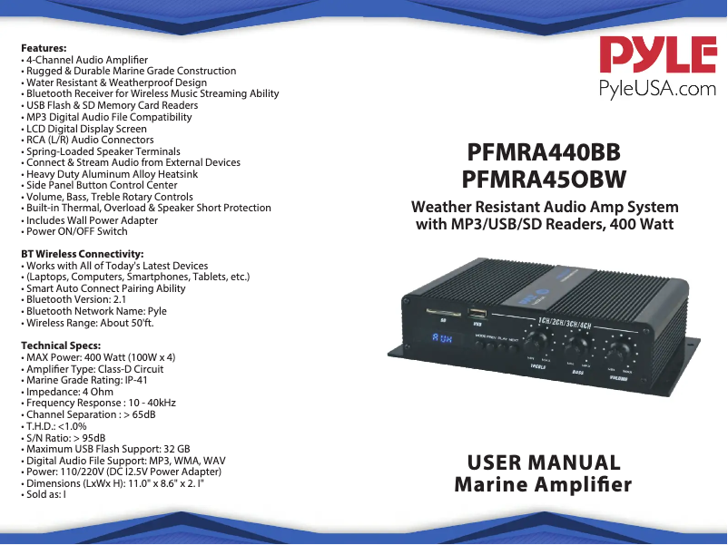 Page n°1 - Manuel utilisateur Pyle PFMRA450BW