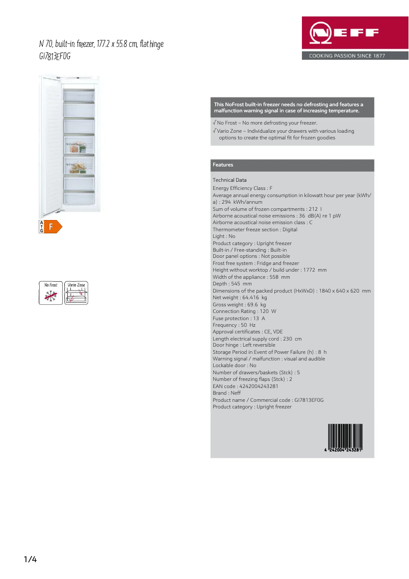 Page 1 de la notice Fiche technique Neff GI7813EF0G
