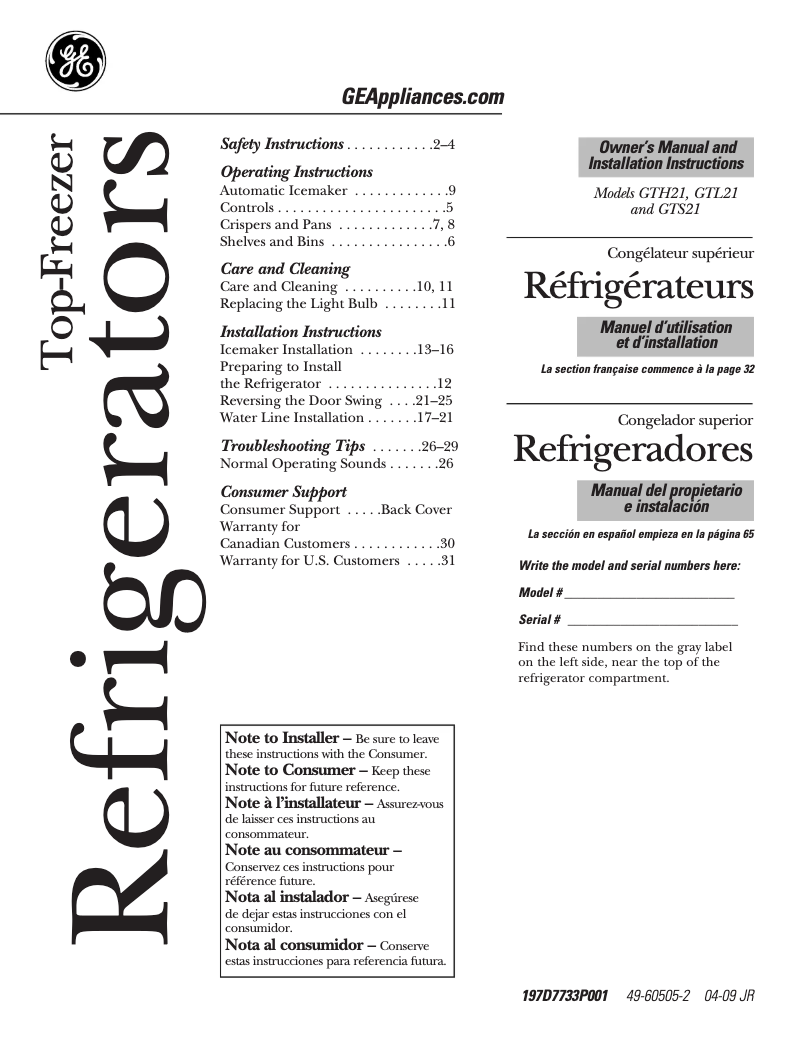 Page 1 de la notice Manuel d'utilisation et d'entretien GE GTS21KCXBB