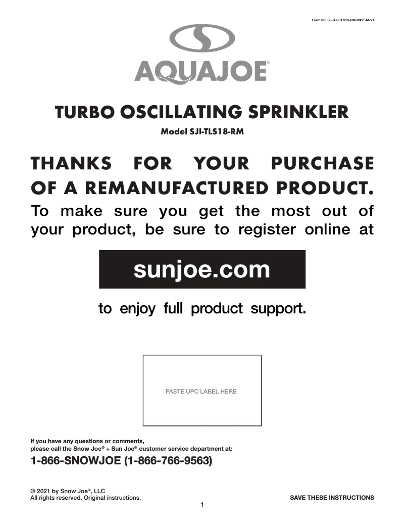 Page 1 de la notice Manuel utilisateur Aqua Joe SJI-TLS18-RM