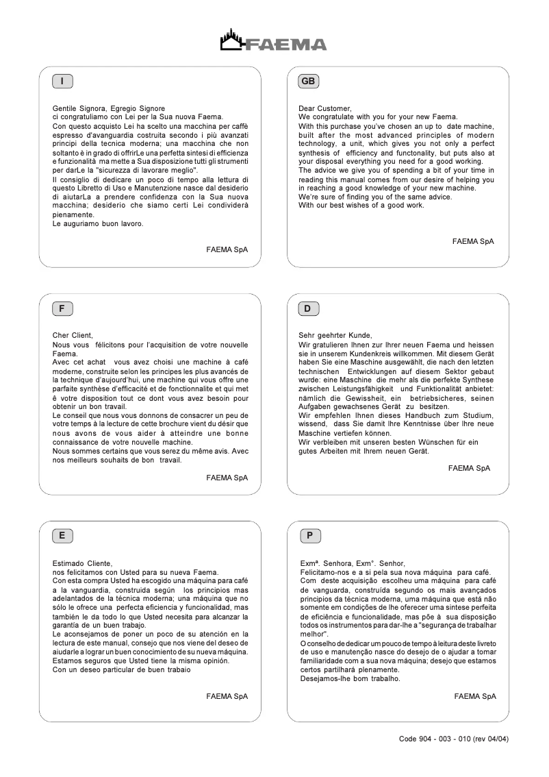 Page n°1 - Manuel utilisateur Faema Due A