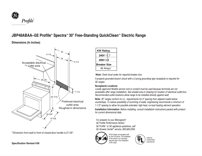 Página 1 del manual Ficha técnica GE Profile Spectra JBP48ABAA