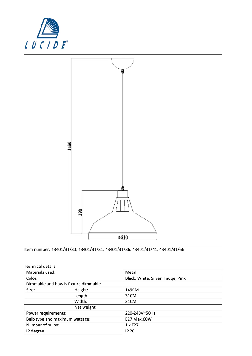 Page 1 de la notice Manuel utilisateur Lucide Brassy 43401/31/36
