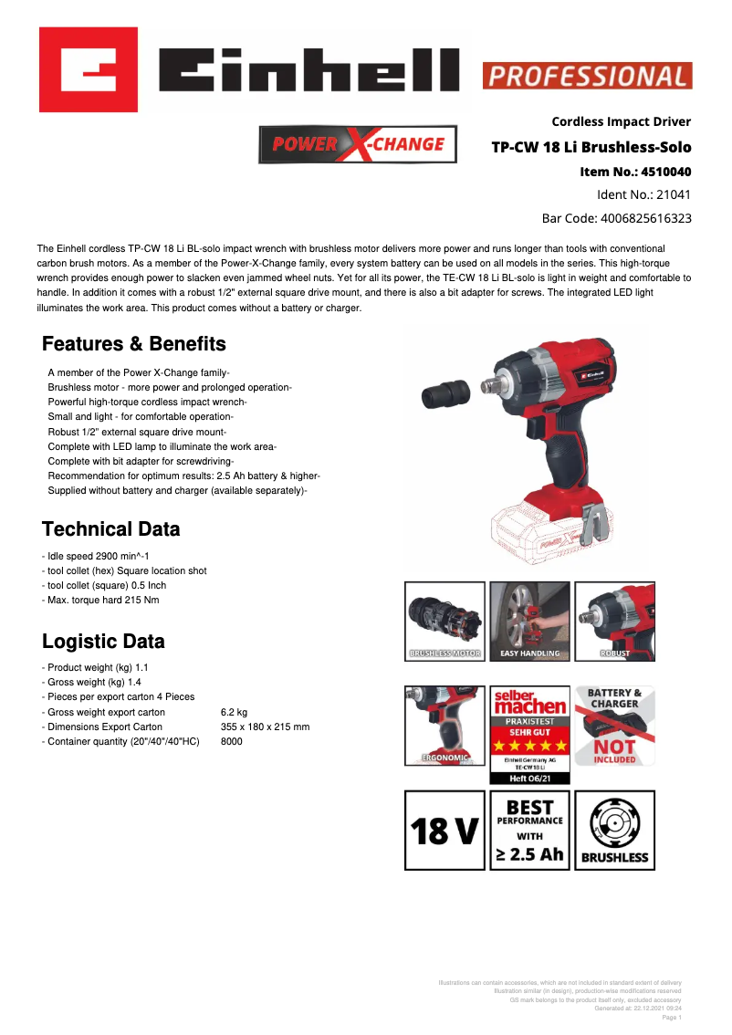 Page 1 de la notice Fiche technique Einhell TE-CW 18 Li Brushless-Solo