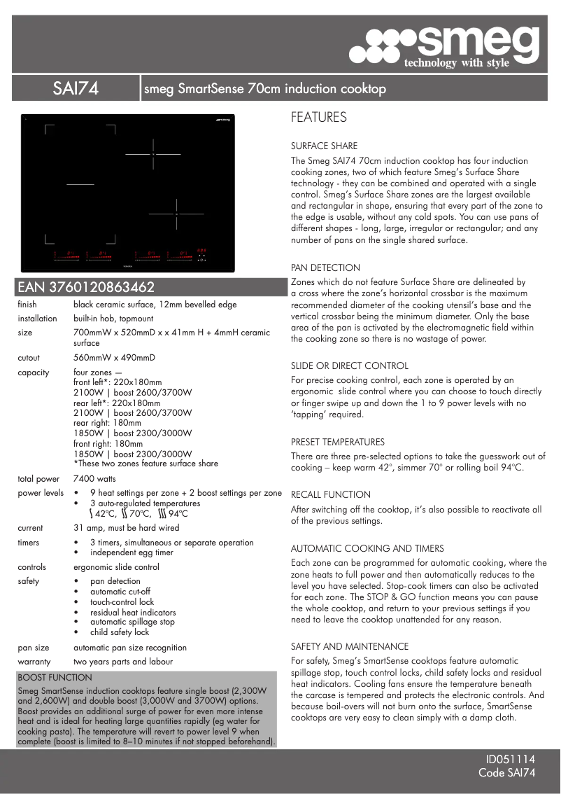 Page n°1 - Fiche technique Smeg SAI74