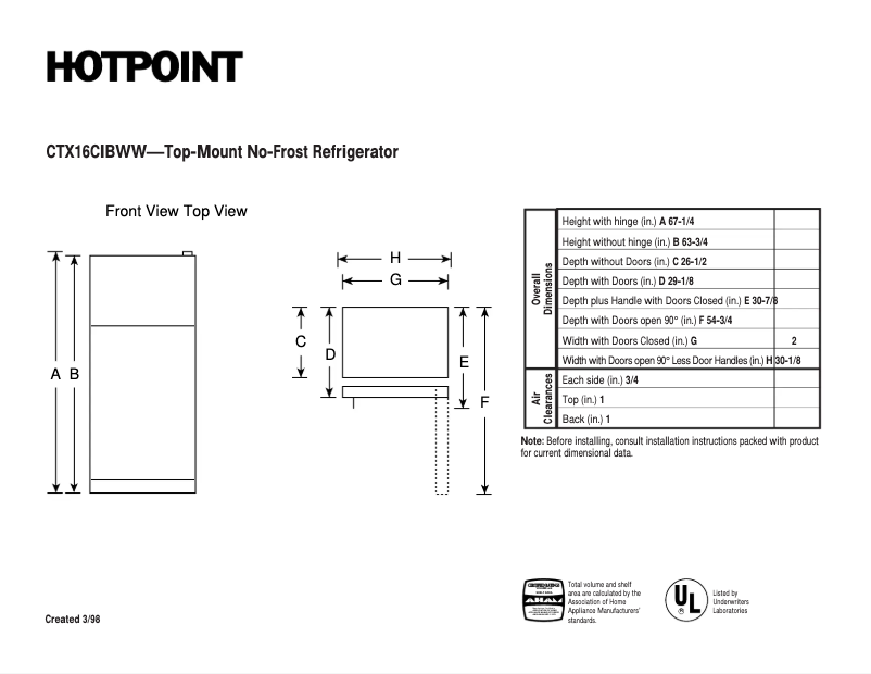 Page 1 de la notice Fiche technique Hotpoint CTX16CIBLWW