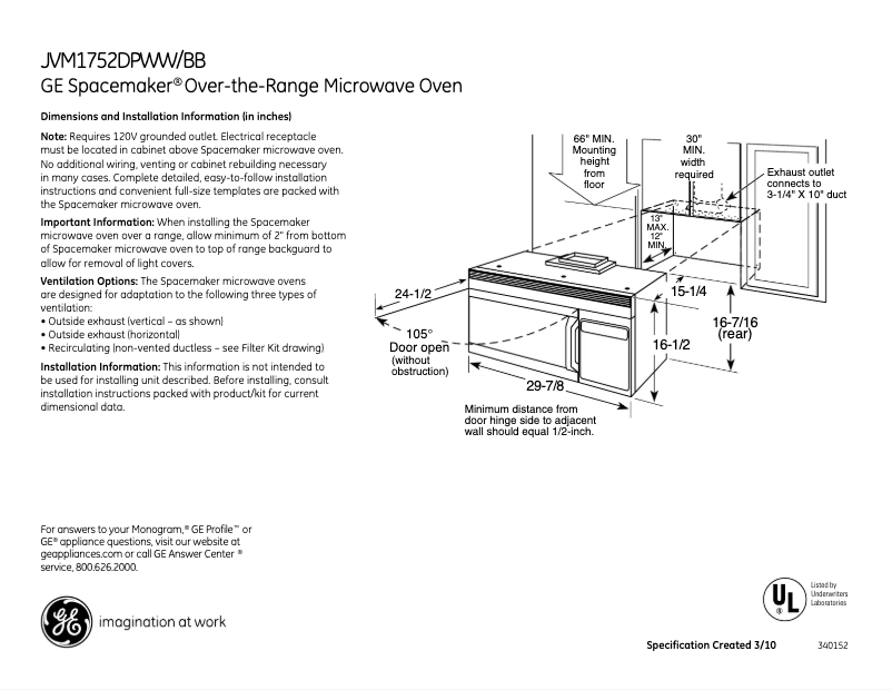 Page 1 de la notice Fiche technique GE JVM1752DPWW