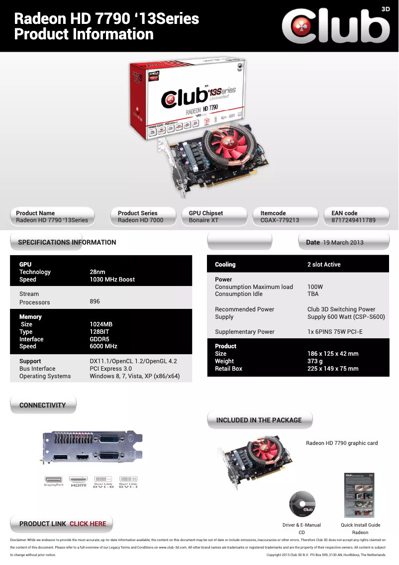 Page 1 de la notice Manuel utilisateur CLUB3D Radeon HD 7790 '13Series