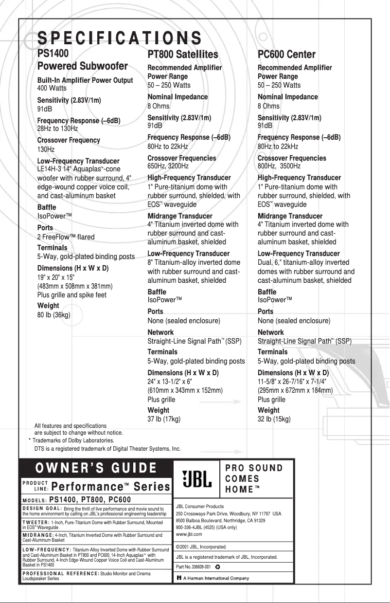 Page 1 de la notice Manuel utilisateur JBL Performance PC600