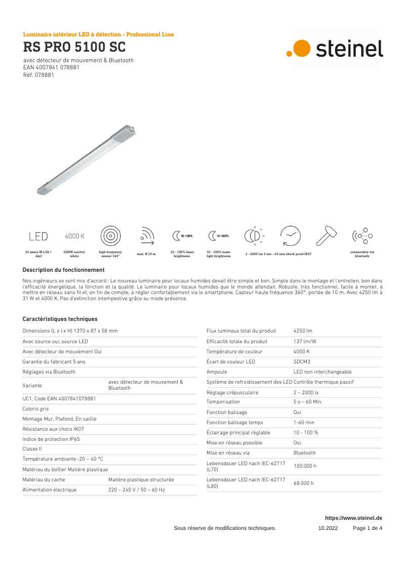 Page 1 de la notice Fiche technique Steinel RS PRO 5100 SC
