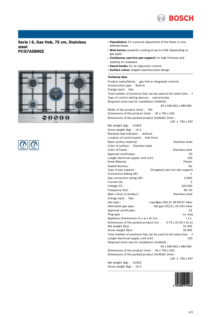 Page 1 de la notice Fiche technique Bosch PCQ7A5B90Z