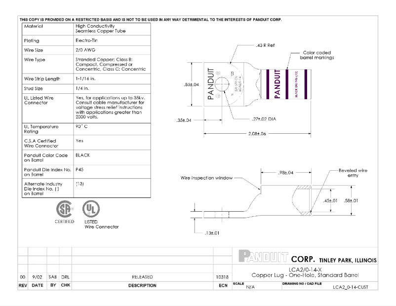 Page 1 de la notice Dessin technique Panduit LCA2/0-14-X