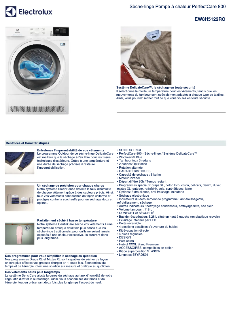 Page 1 de la notice Fiche technique Electrolux EW8H5122RO
