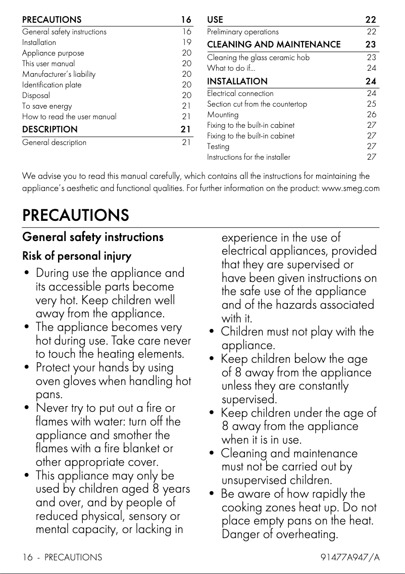 Page 1 de la notice Manuel utilisateur Smeg P875AO