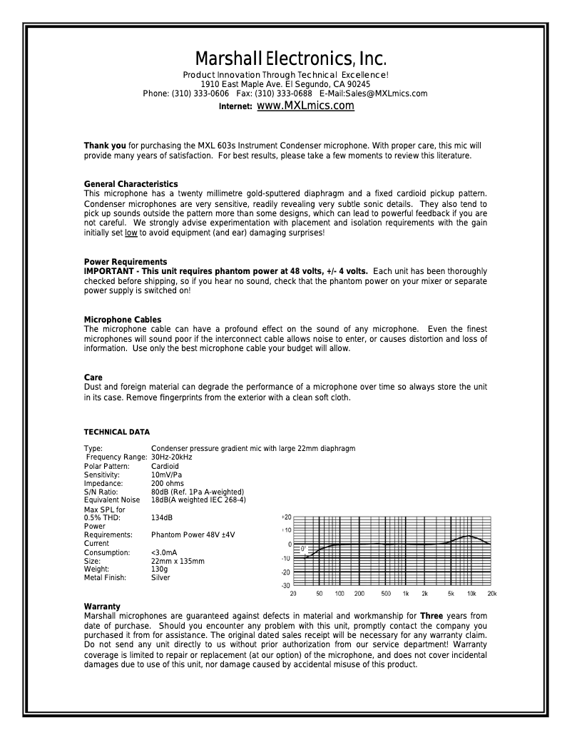 Page 1 de la notice Manuel utilisateur MXL 603S