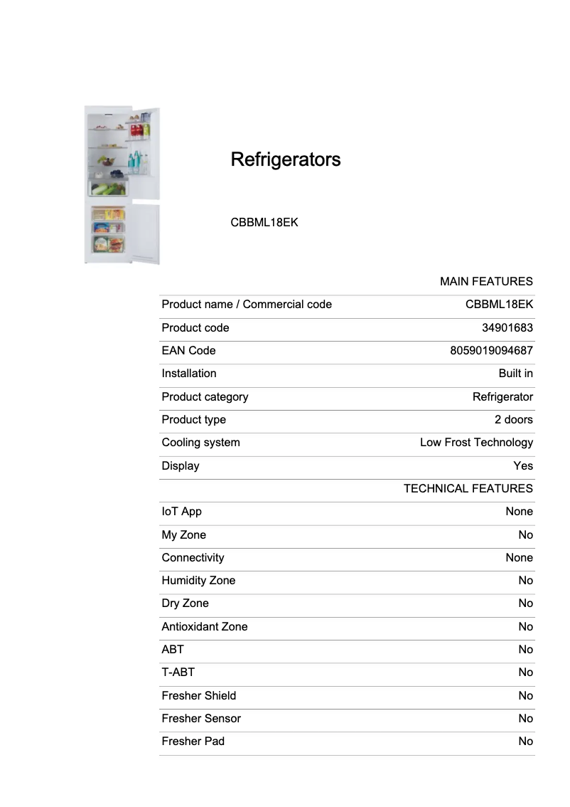 Page 1 de la notice Fiche technique Candy CBBML18EK