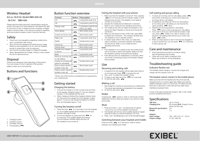 Page 1 de la notice Manuel utilisateur Exibel MBH-600