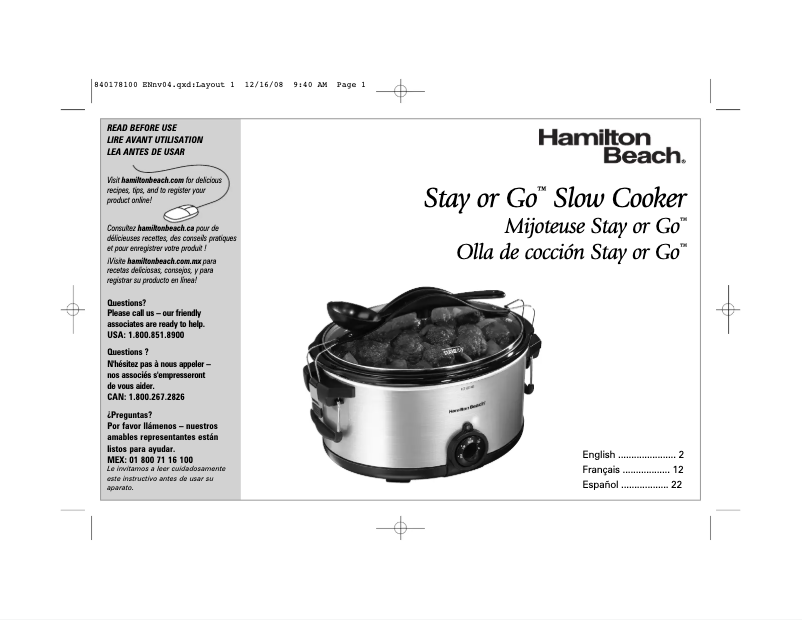 Page 1 de la notice Manuel utilisateur Hamilton Beach Stay or Go 33165