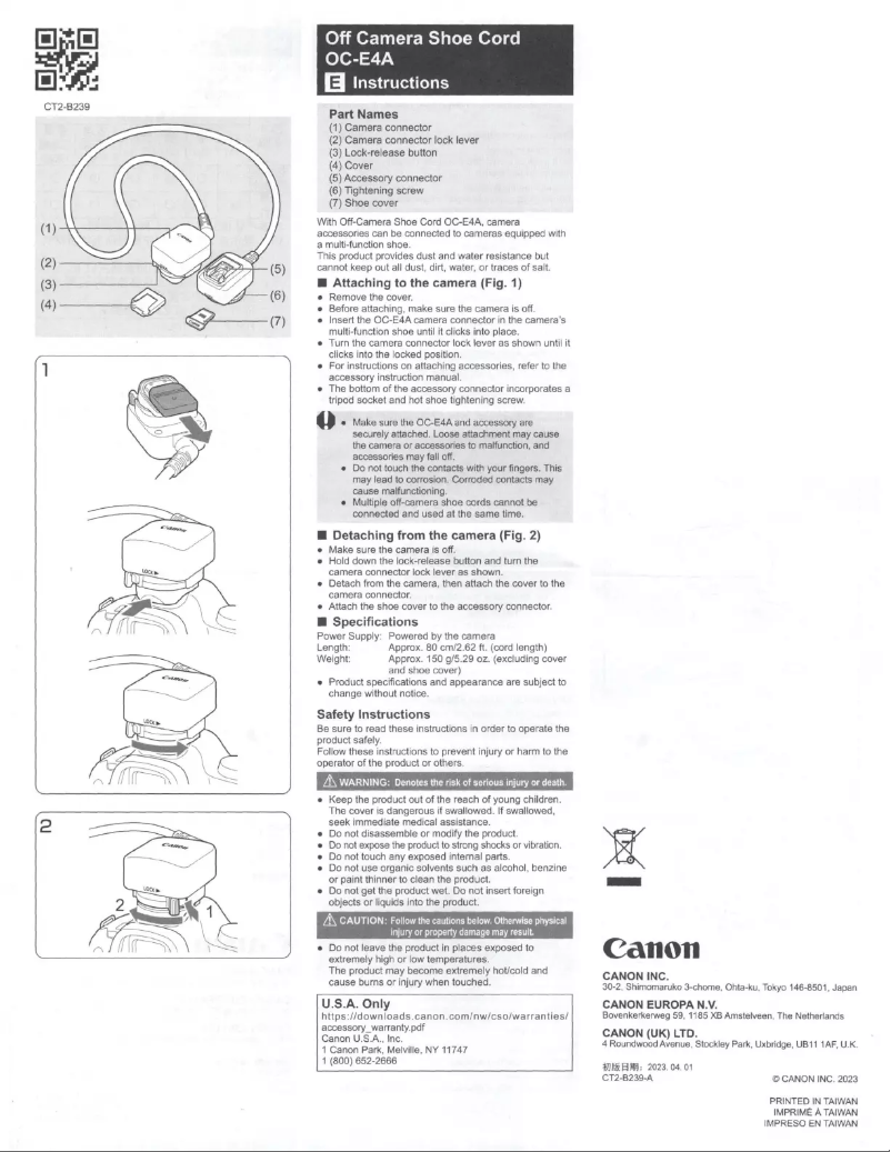 Page 1 de la notice Manuel utilisateur Canon OC-E4A