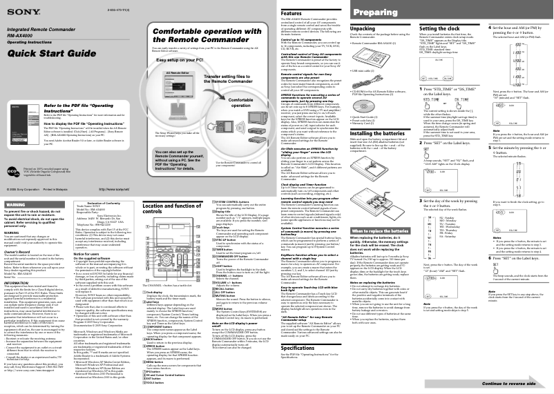 Page 1 de la notice Guide d'installation Sony RM-AX4000