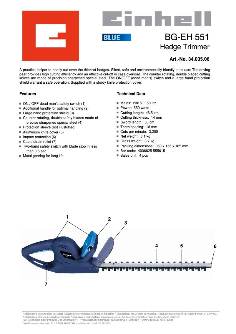 Page 1 de la notice Manuel utilisateur Einhell BG-EH 551