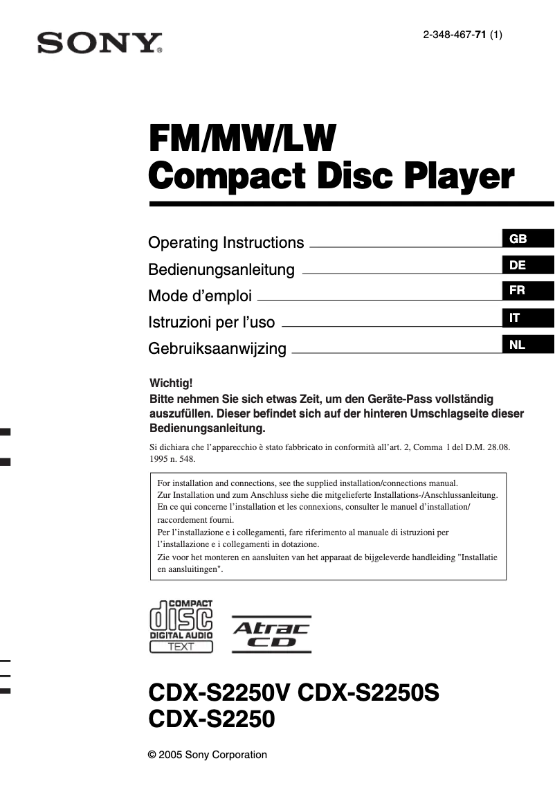 Page 1 de la notice Manuel utilisateur Sony CDX-S2250