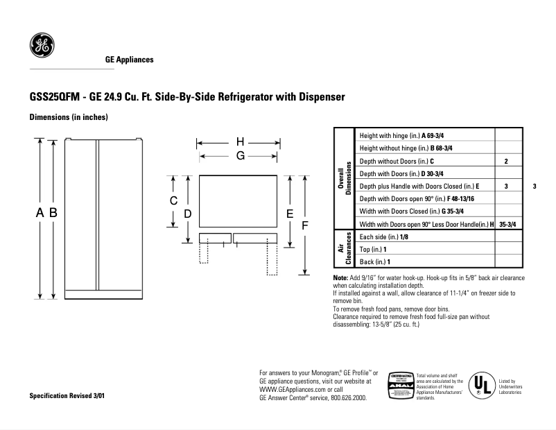 Page n°1 - Fiche technique GE GSS25QFMWW