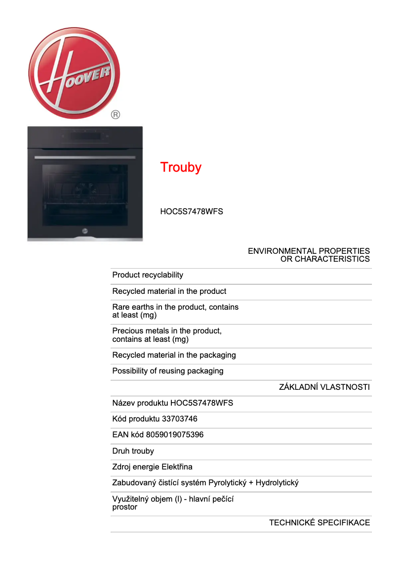Page n°1 - Fiche technique Hoover HOC5S7478WFS